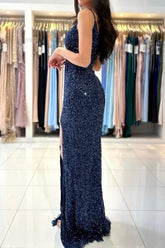 Dark Blue Long Glitter Spaghetti Straps V-neck Evening Dresses With Slit